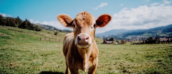 A curious brown cow standing in a green field under a blue sky with fluffy clouds.