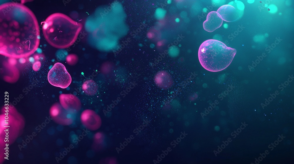 Poster sparkling particles float on a dark blue and turquoise background, offering ample copy space. the fu