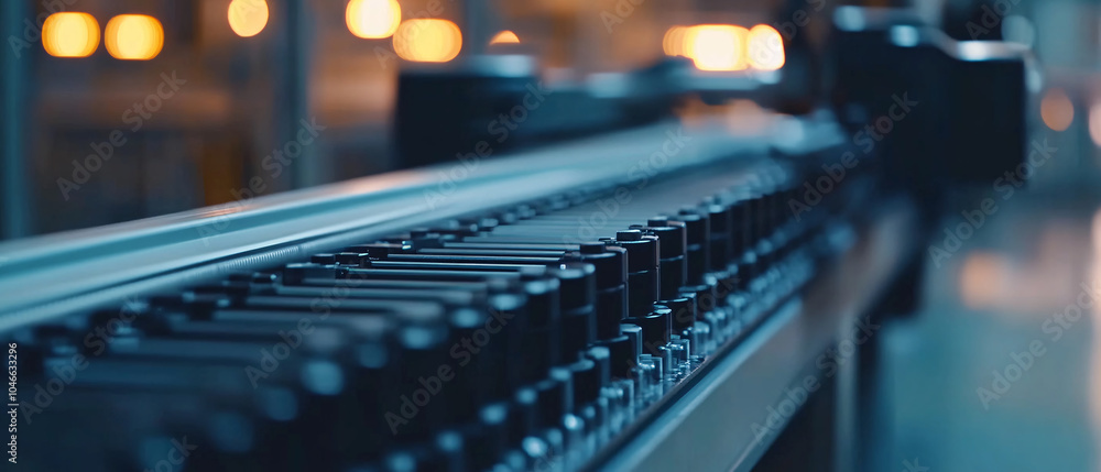 Poster closeup of industrial conveyor belt with rows of components in a factory setting, closeup of industr