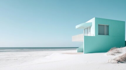 Modern Mint-Colored Beachfront House on the Ocean&rsquo;s Edge Surrounded by Snow-White Sands Extending to the Horizon