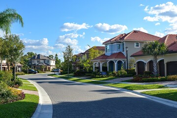 Fototapeta premium Suburban homes display detailed driveways, exemplifying orderly residential design.