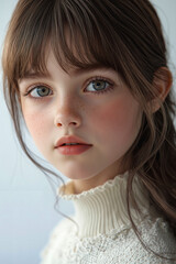 A close up of a young girl with freckles on her face