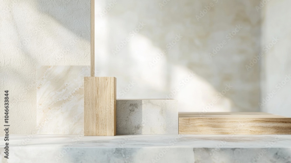 Poster sunlight casting shadows on a minimal background with abstract empty podiums, creating a stage for p