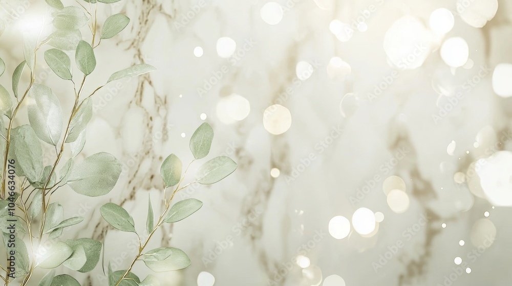 Poster eucalyptus branches with golden glitter creating a festive atmosphere on a marble background. this e