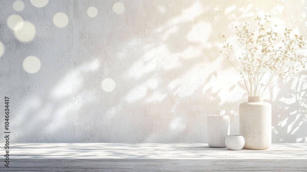 Poster sunlight shining through window creating shadows on a white wall, illuminating minimalist white vase