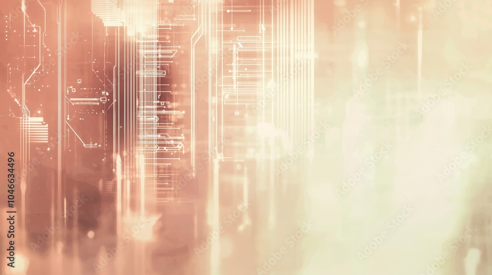 Poster white lines resembling a circuit board are overlapping a warm colored blurry background, creating a 