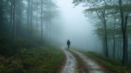 A solitary figure walking along a foggy forest path.