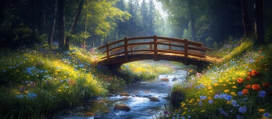 A wooden bridge spans a tranquil stream flowing through a lush, sun-dappled forest, with vibrant wildflowers lining the banks.