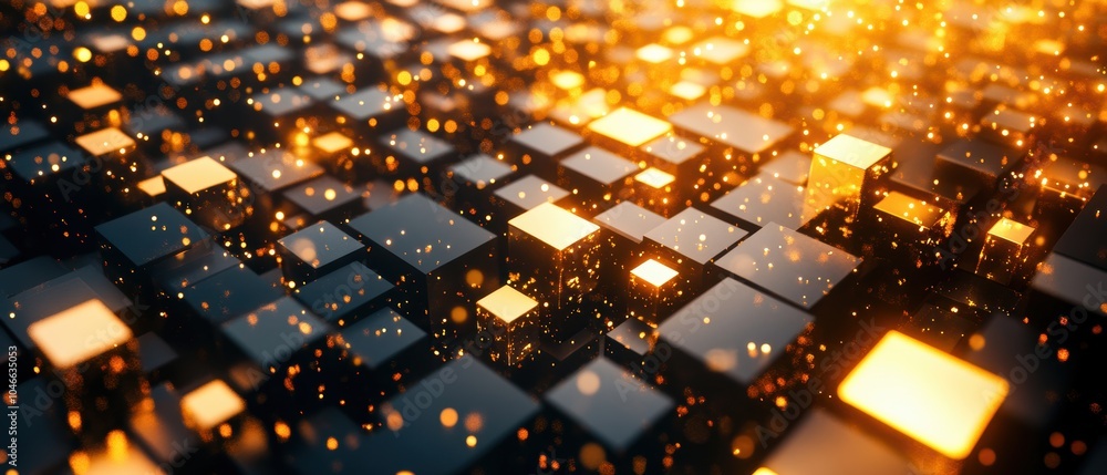 Poster abstract 3d cubes with glowing lights on a dark background, creating a visually striking digital lan