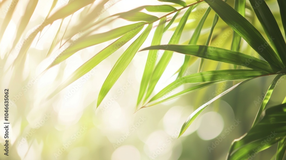 Poster sunlight filters through dense, vibrant green palm leaves, creating a stunning bokeh effect in this 