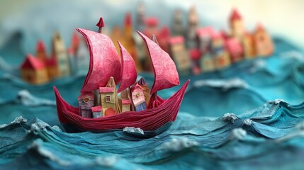 A papercraft ship with sail and small buildings on deck sails on a paper sea toward a small town in the background.