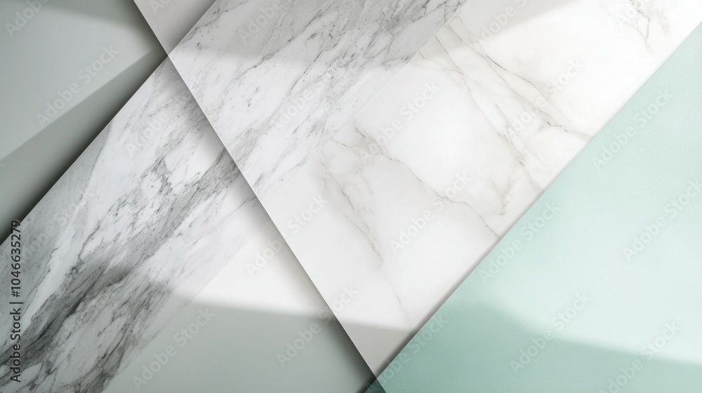 Poster abstract background with marble and green paper sheets casting soft shadows on a surface creating an