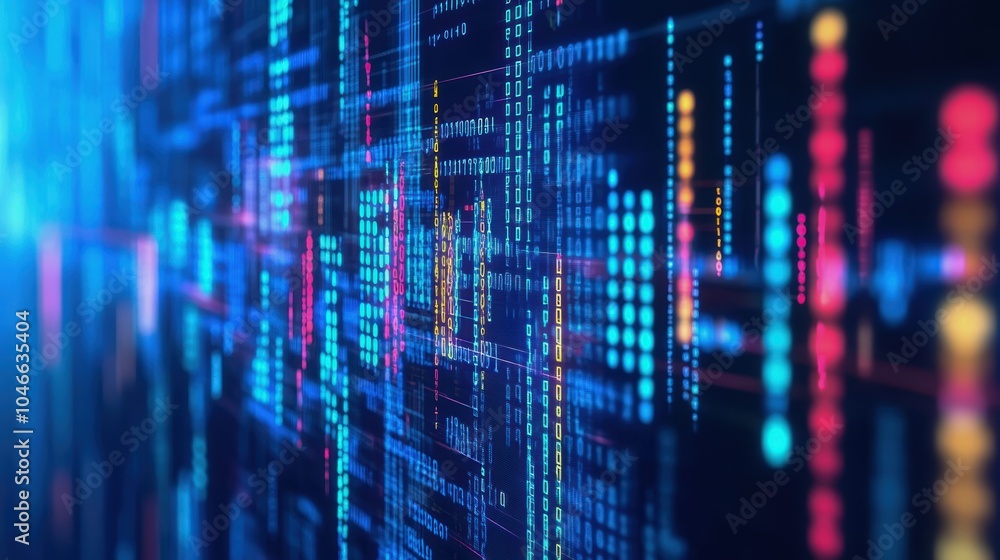 Poster abstract digital technology background with glowing blue and pink lines and dots, representing data 