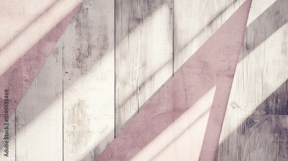Poster sunlight is casting geometric shadows from translucent pink fabric over a white wood background, cre