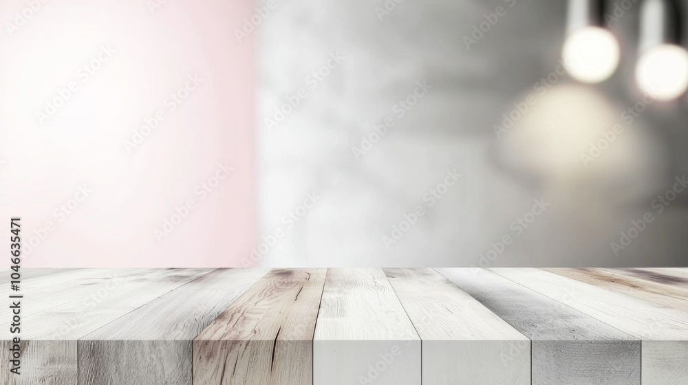 Poster empty wooden tabletop is providing space for product placement against a blurred background of a pin