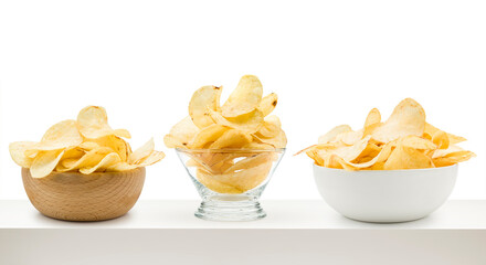 Potato chips into different bowls on white table.