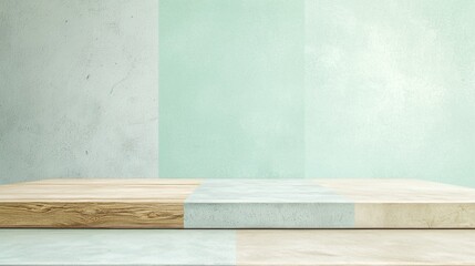 Empty wooden tabletop with green background, perfect for showcasing designs and objects. Clean, modern aesthetic for lifestyle and commercial projects