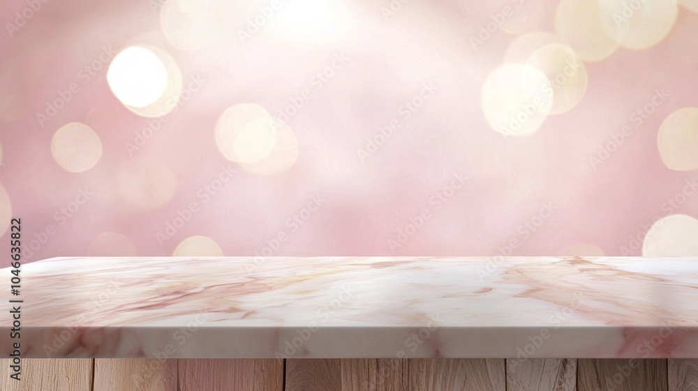 Poster empty marble tabletop for product display with blurred pink background and bokeh lights, ideal for r