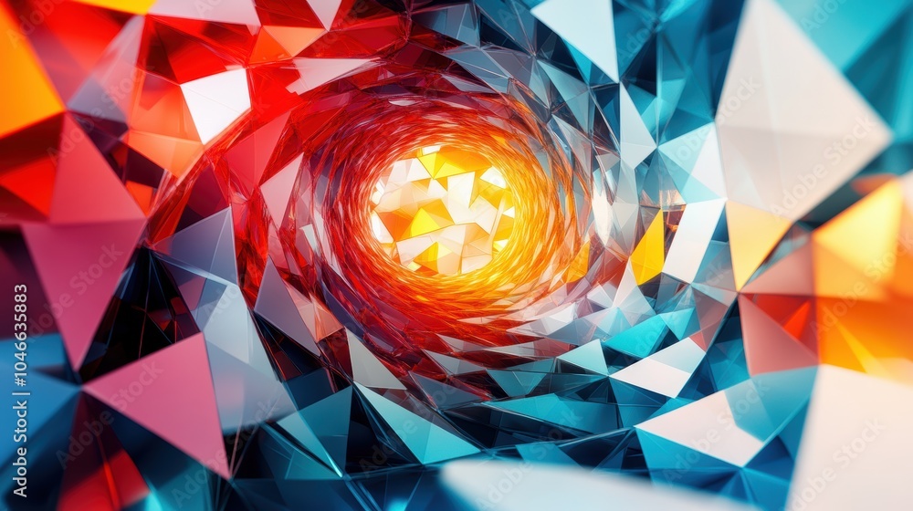Poster an abstract spiral of colorful polygons forming a dynamic geometric tunnel, evoking depth and motion