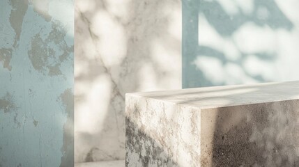 Concrete podium in natural light with tree shadows on blue background. Minimalist design for product display, modern architecture adds sophistication. Fresh outdoor mockup template