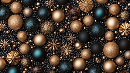 A festive arrangement of colorful ornaments in gold, bronze, and teal, set against a dark backdrop, perfect for holiday decoration.