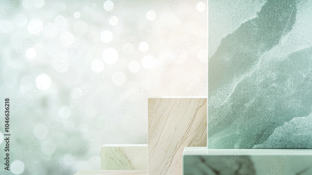 Poster three marble blocks in different sizes and colors create a stylish platform for product display, wit