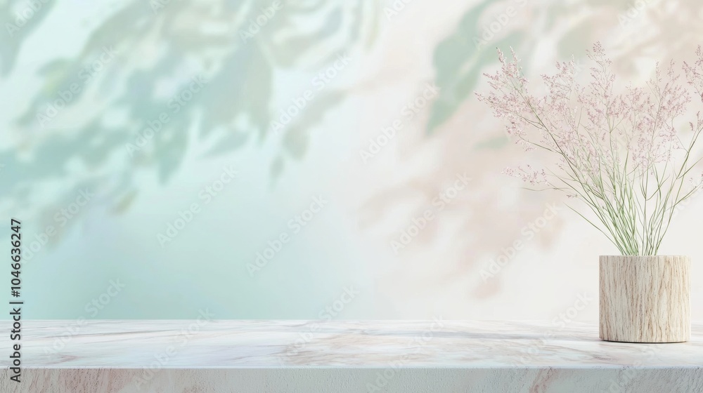 Poster minimalist marble table top with a wooden vase filled with flowers casting a delicate shadow, creati
