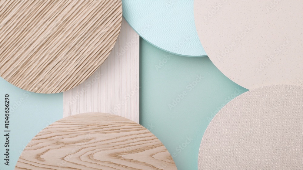 Poster geometric composition with overlapping wooden and paper circles forming a modern and minimalist back