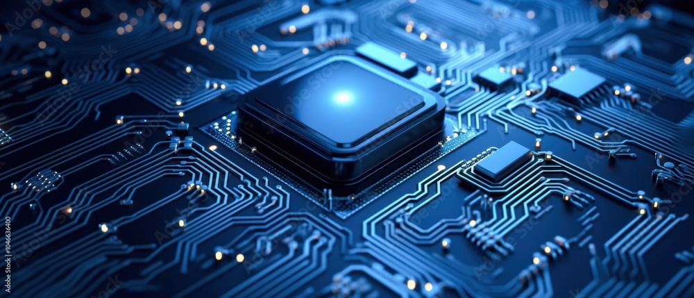 Poster close-up of a computer circuit board with a glowing microchip, illustrating modern technology and in