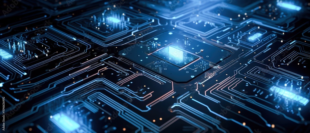 Poster close-up of a futuristic circuit board with glowing connections and microchips on a dark background.