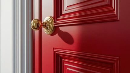 Close-up of a decorative red door with golden knob showcasing intricate details and smooth textures.
