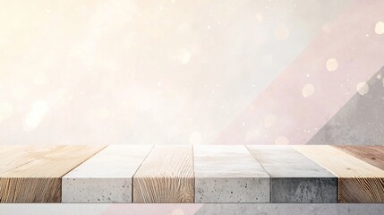 Empty concrete and wooden tabletop with soft bokeh lights, ideal for showcasing products. Modern, minimalist design with natural textures, perfect for ads