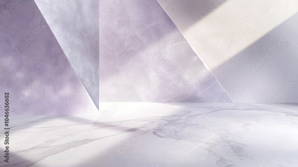 Poster sunlight is casting shadows on a marble floor and purple wall with a geometric pattern. this bright,