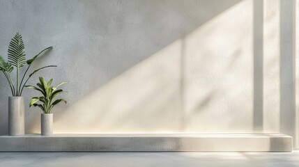 Two beautiful houseplants elegantly displayed on a sturdy concrete shelf, basking in warm sunlight casting captivating shadows on a clean white wall