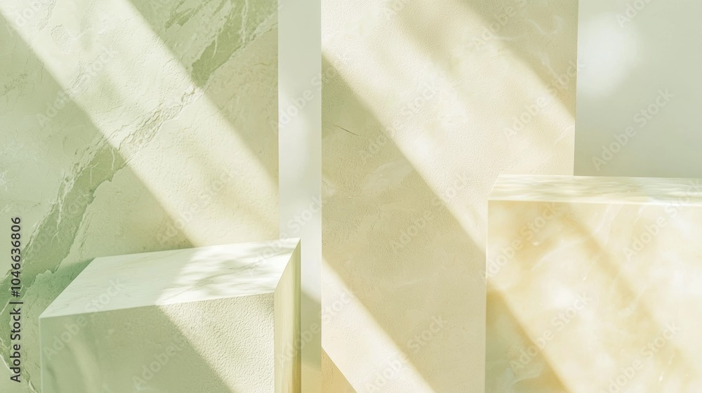 Aufkleber sunlight streams through a window, illuminating empty surfaces in a bright studio with marble podium
