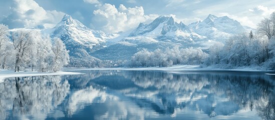 Snow-capped mountains reflected in a still lake with a frosty forest in the foreground.