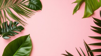 Fototapeta premium Photo of, Pink background with minimalist tropical leaf motifs for design, banner template