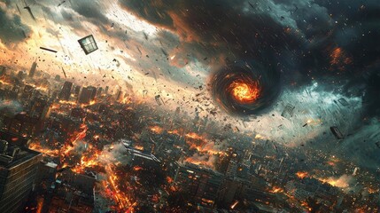 Fototapeta premium Catastrophic event, cityscape engulfed in chaos, dark stormy sky.