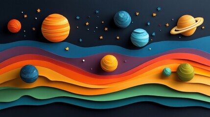Colorful paper cut planets and stars on a dark blue background with rainbow waves.