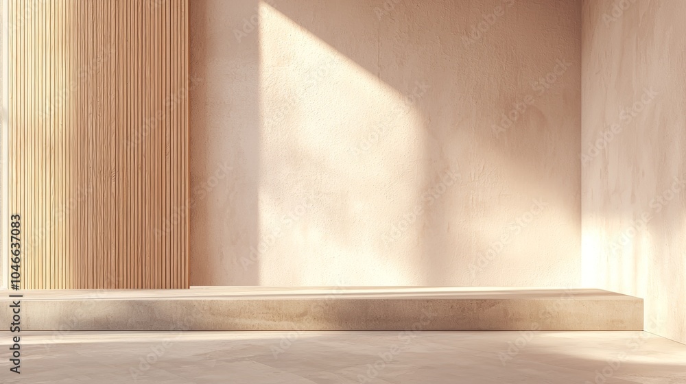 Poster sun is shining through the window and illuminating an empty room with a wooden platform, creating an