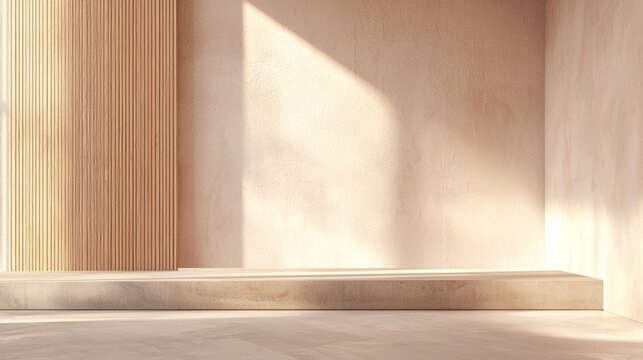 Sun is shining through the window and illuminating an empty room with a wooden platform, creating an ideal space for product placement