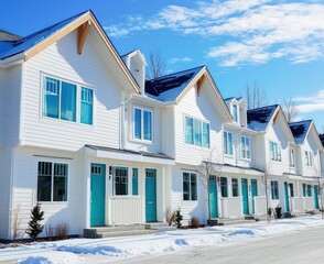 Contemporary townhouses in Snow Valley with aqua windows, white exterior, sunny day scene.