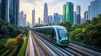 Naklejka premium A modern electric train travels on a elevated track in a modern city, with skyscrapers and green trees in the background.