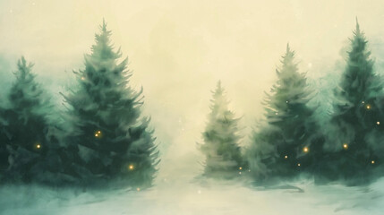 Serene winter landscape featuring fir trees dusted with snow in soft greens and warm golden lights