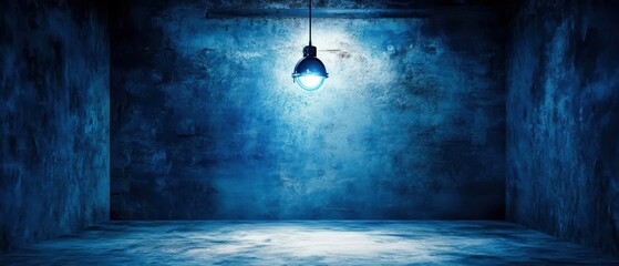 Dark blue textured room with a pendant light illuminating the space, creating a dramatic atmosphere.