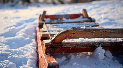 Winter Sled Adventure, an old wooden sled nestled in soft powdery snow, evoking nostalgia and the promise of joyous winter escapades in a serene snowy landscape