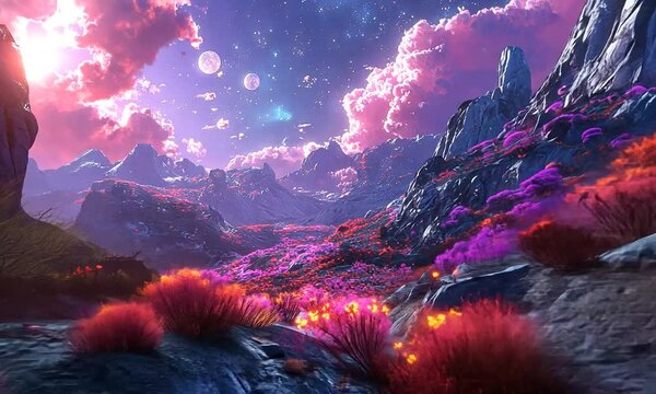 A vibrant alien landscape with colorful flora and celestial bodies.