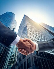 A firm hand shake on a  out of focus business towers background