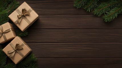 A serene arrangement of beautifully wrapped gifts on a wooden table, surrounded by greenery, perfect for festive celebrations.