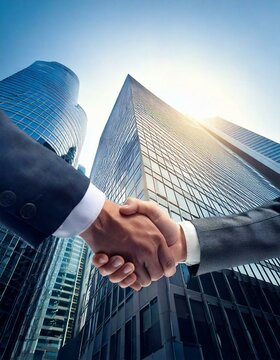 A firm hand shake on a  out of focus business towers background